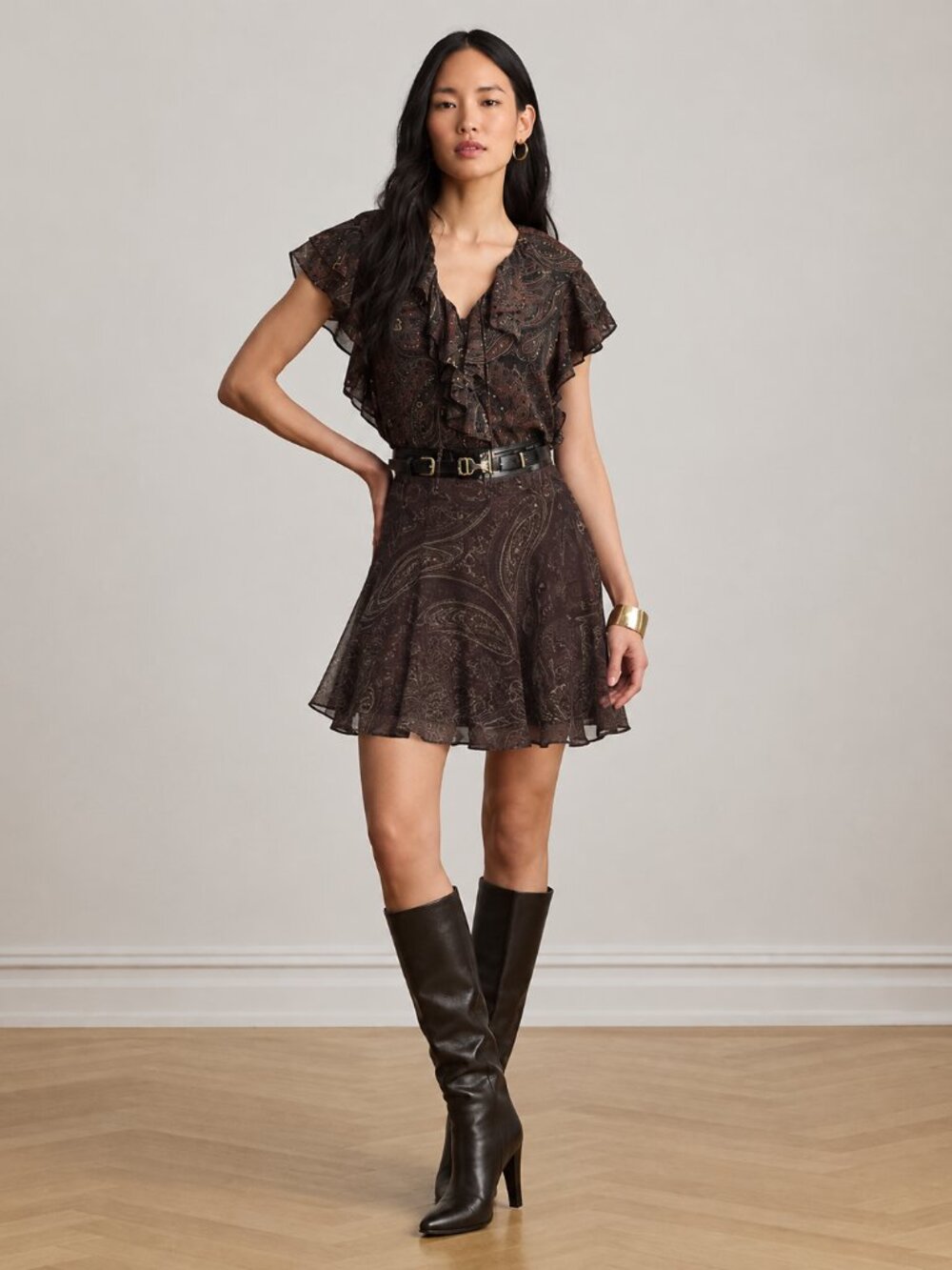 Chaps Chocolate Paisley Mini Skirt Size 12 A-Line